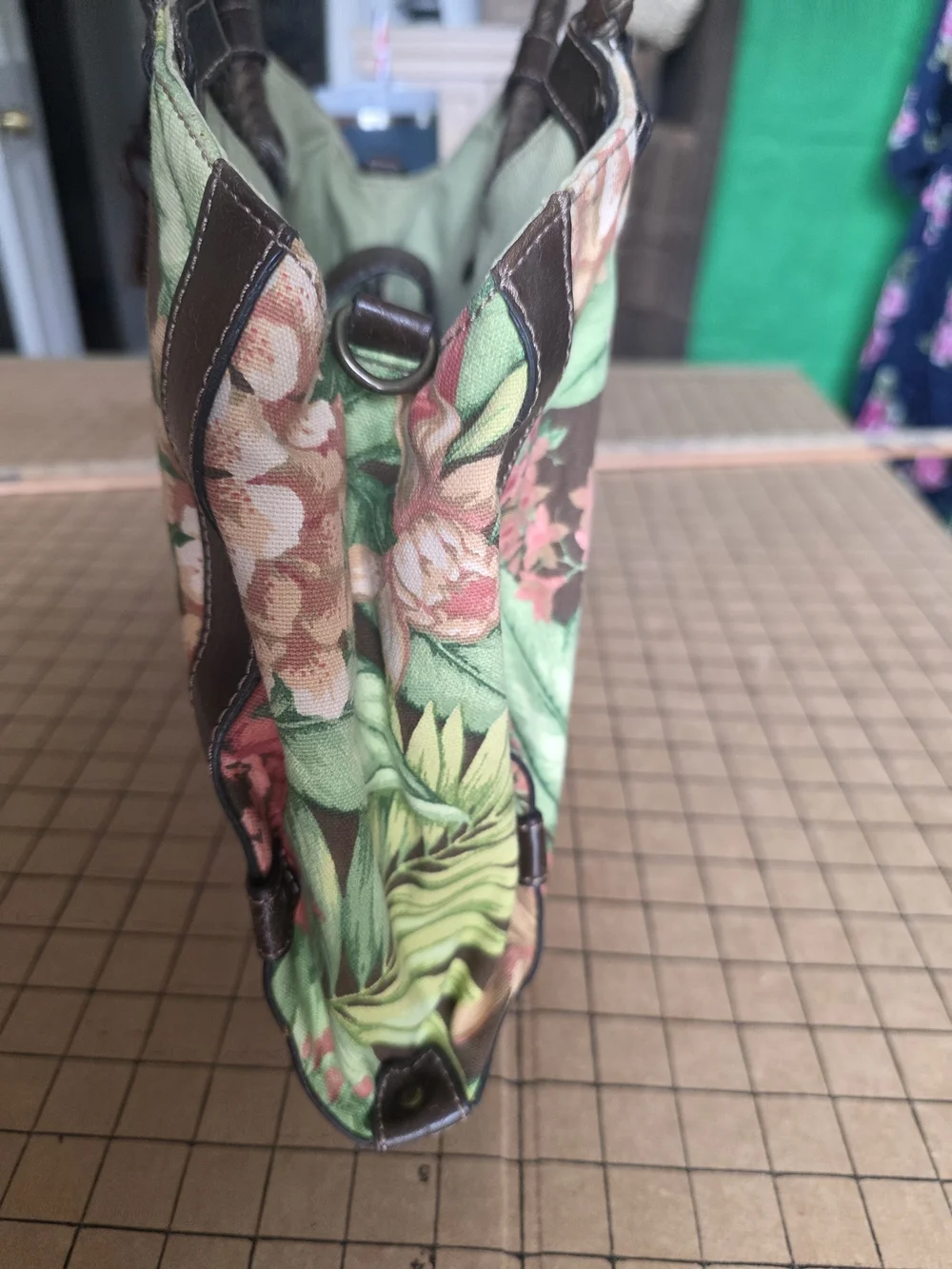 Fossil Spring Floral Canvas Satchel w/ Wooden Key Charm, 16x10, 5” Drop